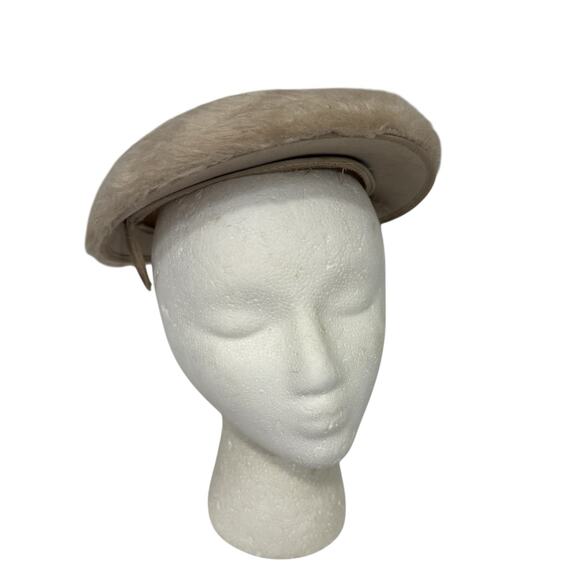 Vintage 60s Mod Faux Fur Velour Cream Ivory Tam Hat Beret OS - Picture 2 of 4